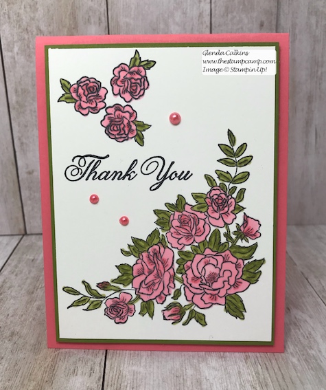 This is the Climbing Roses stamp set from Stampin' Up! It is so pretty done up in Flirty Flamingo; but then I'm partial to pink. details on my blog: www.thestampcamp.com #stampinup #thestampcamp #cards #roses