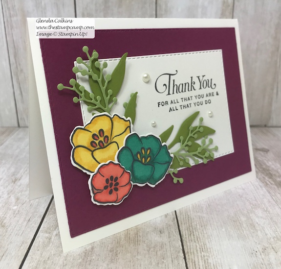 My featured stamp set for April is the All That You Are stamp set and I paired it with the Rectangle Stitched framelits and the Frosted Boquet Framelits dies from Stampin' Up!  The first bonus project for this month will be this gorgeous box to go with your 4 cards.  Details on my blog: www.thestampcamp.com #stampinup #thestampcamp #glendasblog #cardkit