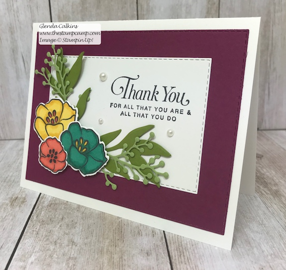 My featured stamp set for April is the All That You Are stamp set and I paired it with the Rectangle Stitched framelits and the Frosted Boquet Framelits dies from Stampin' Up!  The first bonus project for this month will be this gorgeous box to go with your 4 cards.  Details on my blog: www.thestampcamp.com #stampinup #thestampcamp #glendasblog #cardkit