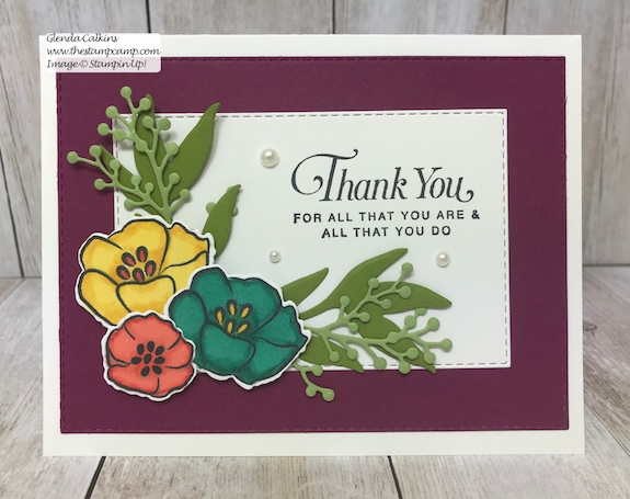 My featured stamp set for April is the All That You Are stamp set and I paired it with the Rectangle Stitched framelits and the Frosted Boquet Framelits dies from Stampin' Up!  The first bonus project for this month will be this gorgeous box to go with your 4 cards.  Details on my blog: www.thestampcamp.com #stampinup #thestampcamp #glendasblog #cardkit