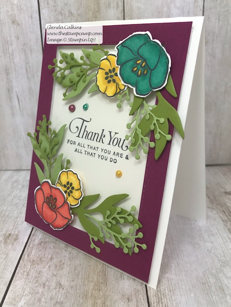 My featured stamp set for April is the All That You Are stamp set and I paired it with the Rectangle Stitched framelits and the Frosted Boquet Framelits dies from Stampin' Up! The first bonus project for this month will be this gorgeous box to go with your 4 cards. Details on my blog: www.thestampcamp.com #stampinup #thestampcamp #glendasblog #cardkit