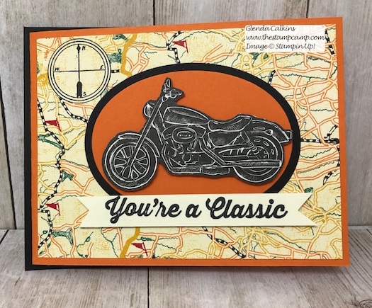 This is my featured stamp set for May Geared Up Garage. This is a great card for Father's Day or Birthday's. Details on my blog: www.thestampcamp.com #garagegear #stampinup #thestampcamp #masculine #motorcycle
