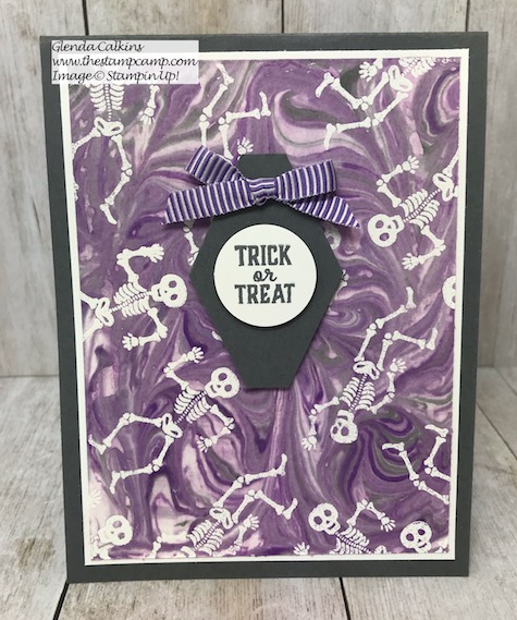 This is the September Paper Pumpkin Bone Appetit. I did the Emboss Resist Shaving Cream technique for this card. Details and video on my blog here: https://wp.me/p59VWq-aq0 #stampinup #thestampcamp #halloween