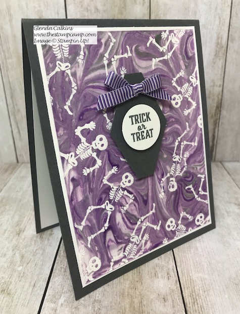 This is the September Paper Pumpkin Bone Appetit. I did the Emboss Resist Shaving Cream technique for this card. Details and video on my blog here: https://wp.me/p59VWq-aq0 #stampinup #thestampcamp #halloween