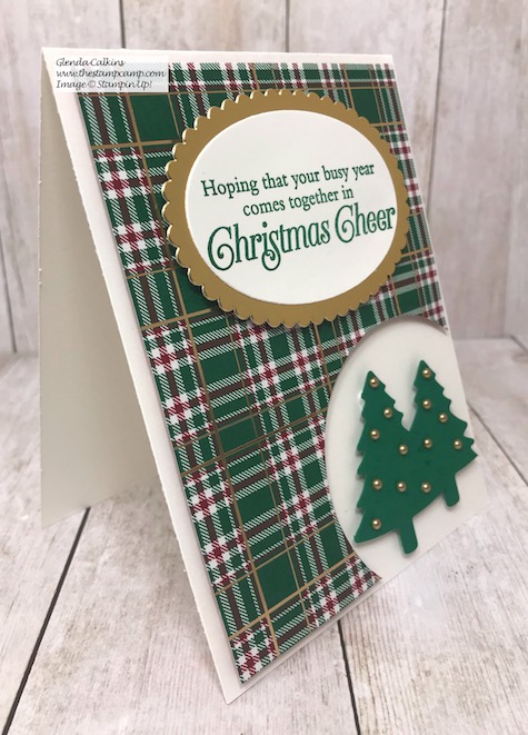 This is the Perfectly Plaid bundle from Stampin' Up! I used it for this Corner Cutout card & a tip on how to create a smaller Pine Tree using the Pine Tree Punch. Details can be found on my blog here: https://wp.me/p59VWq-ayH #stampinup #technique #punches #thestampcamp