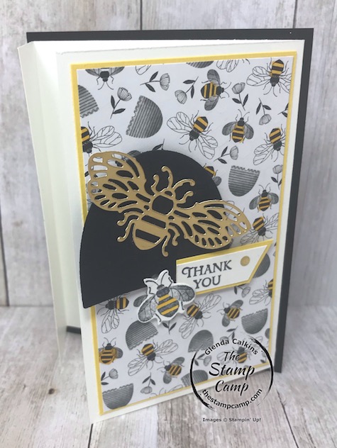 This is the Honey Bee Bundle and the Golden Honey Specialty Designer Series paper from Stampin' UP! Details on my blog here: https://wp.me/p59VWq-aK0 #stampinup #thestampcamp #saleabration #honeybee
