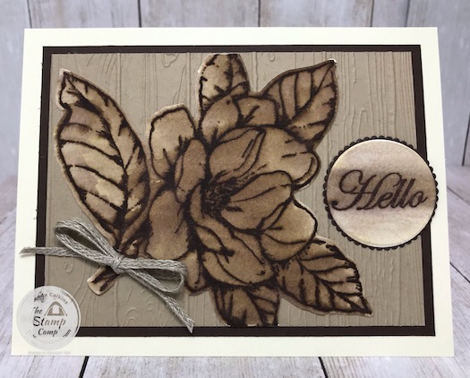 This is the faux Wood Burning Technique with the Good Morning Magnolia stamp set. Watch me take it from simple stamping to Wow stamping. Details on my blog here: https://wp.me/p59VWq-bej. #stampinup #technique #magnolia #thestampcamp