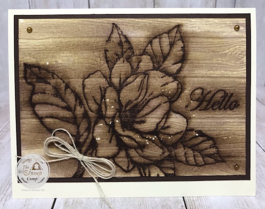 This is the faux Wood Burning Technique with the Good Morning Magnolia stamp set. Watch me take it from simple stamping to Wow stamping. Details on my blog here: https://wp.me/p59VWq-bej. #stampinup #technique #magnolia #thestampcamp