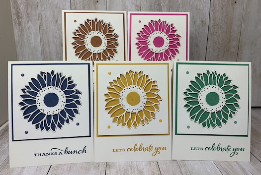 My featured stamp set for August is the Celebrate Sunflowers Bundle. These 5 cards are the In Colors for 2020 - 2022 and I created these for my In Color Club Members. Each month they receive 5 In Color Cards from me with a package of In Color Products. Details are on my blog here: https://wp.me/p59VWq-bpa. #stampinup #incolors #thestampcamp