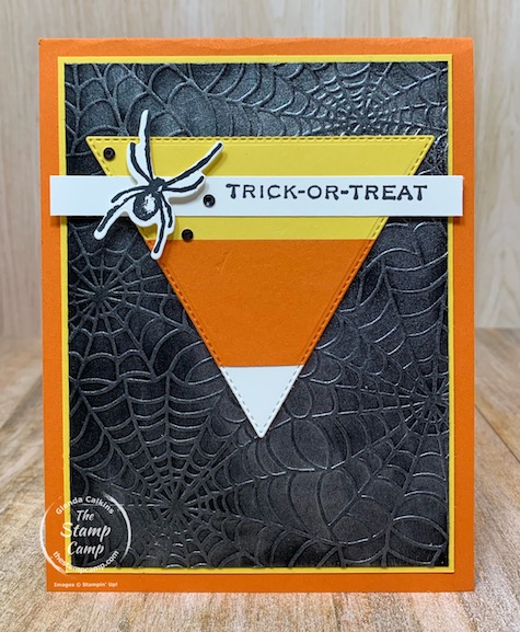 Happy Halloween! Today's card was created for a challenge at the Paper Craft Crew. The triangle on the sketch reminded me of a candy corn so this is what I came up with. The stamp set I used is the Hallows Night Magic bundle. Details are on my blog here: https://wp.me/p59VWq-byW. #thestampcamp #stampinup #halloween #sketches