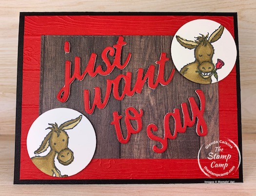 When I looked at the sketch for the Saturday Sketch Challenge I thought of the Darling Donkeys FREE Sale-a-bration stamp set. I paired it with the In Good Taste Designer Series Paper and the words are from the Floral Gallery Dies. #darlingdonkeys, #thestampcamp #stampinup #saleabration