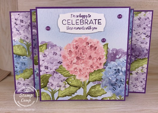 Fun Fold Friday - Today's fun fold card is what I like to call a Scenic Panel Accordion fun fold card. This fun fold works best with a 12" piece of designer paper as I like to spread out the scene across the front of the card. On this card I did use 2 different prints from the Hydrangea Hill Designer Series Paper but I did think the scene still flowed throughout the card. #thestampcamp #stampinup #funfold